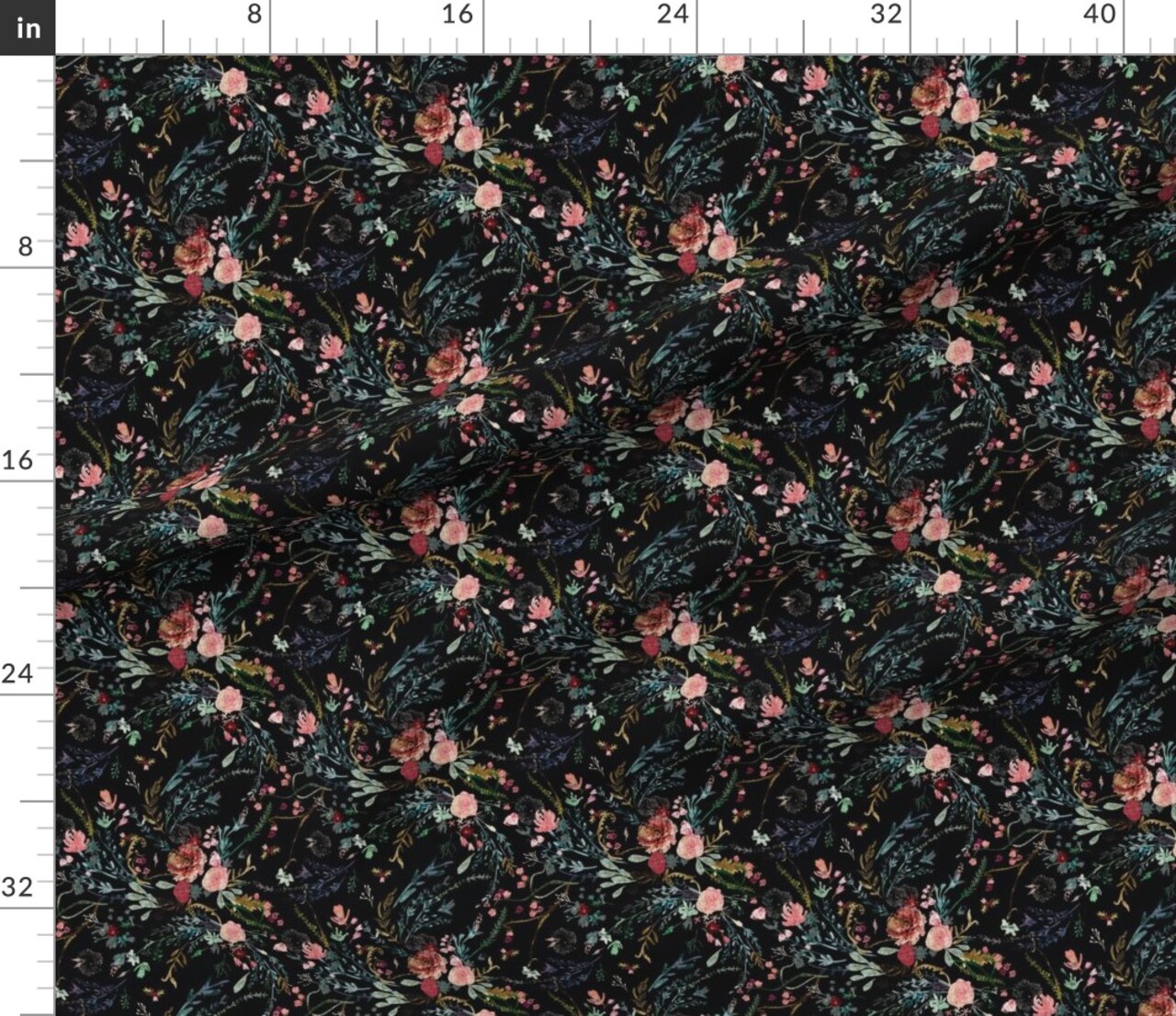 Fable Floral Black Flowers Garden Spring Rose Dark Fern Wildflowers Custom Printed Fabric by Spoonflower Various Fabrics by the Yard or Fat Quarter